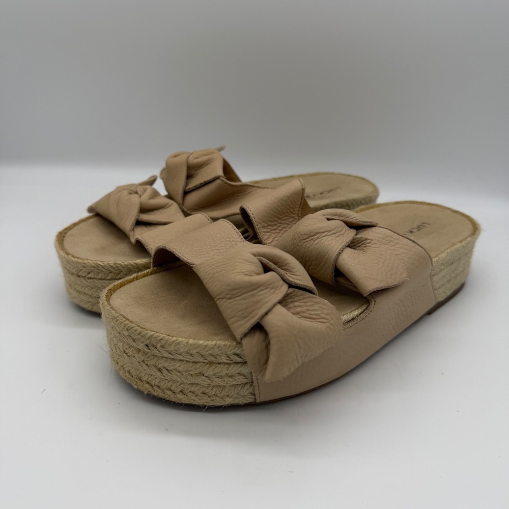 Lucky Brand Izbremma Tan Leather Espadrille Platform Slide Sandals 8M  Boho